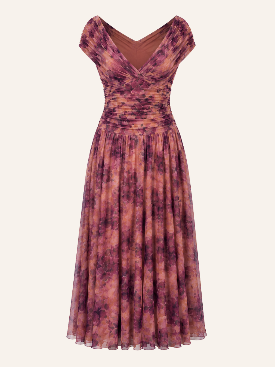 Ruched Floral V-Neck Jurk