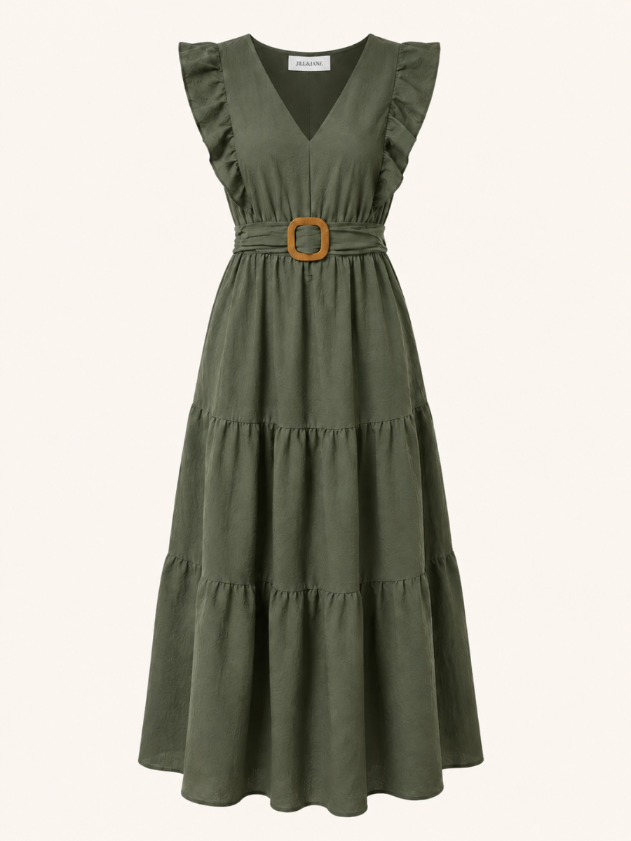 Belted Ruffle-Sleeve Maxi Jurk