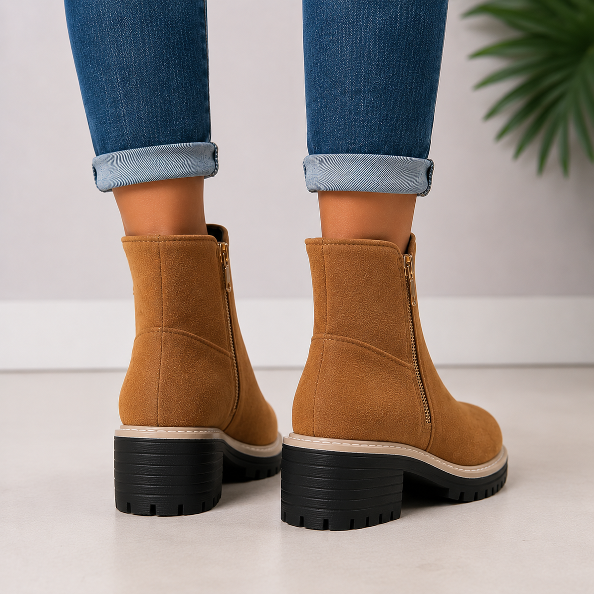 Gold-Zip Block-Heel Boots