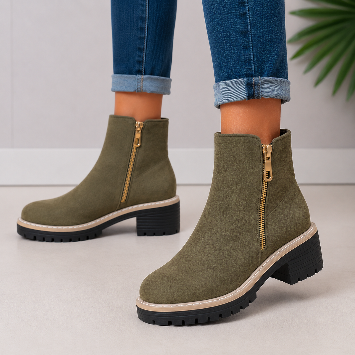 Gold-Zip Block-Heel Boots