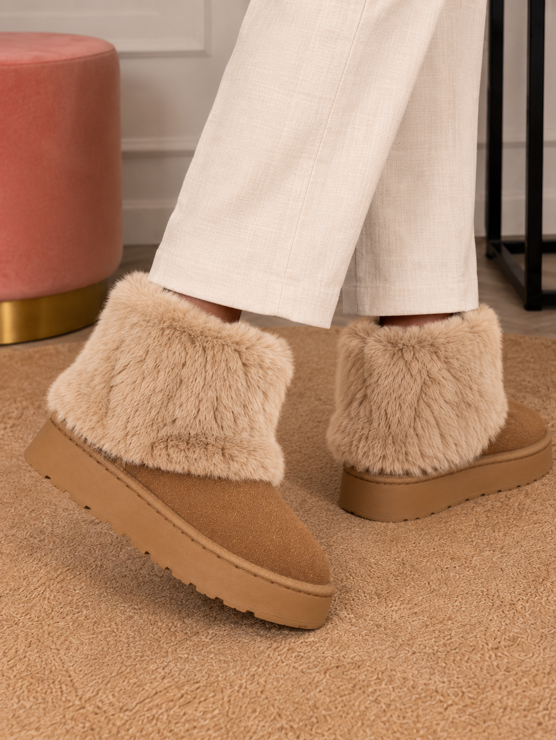 Plush-Cuff Platform Boots