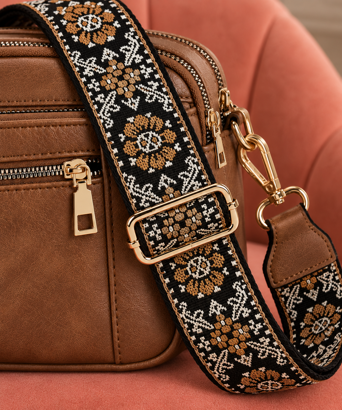 Floral-Strap Zip Schoudertas