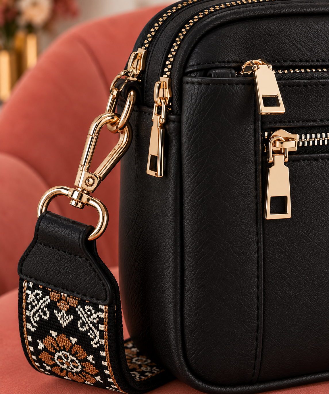 Floral-Strap Zip Schoudertas