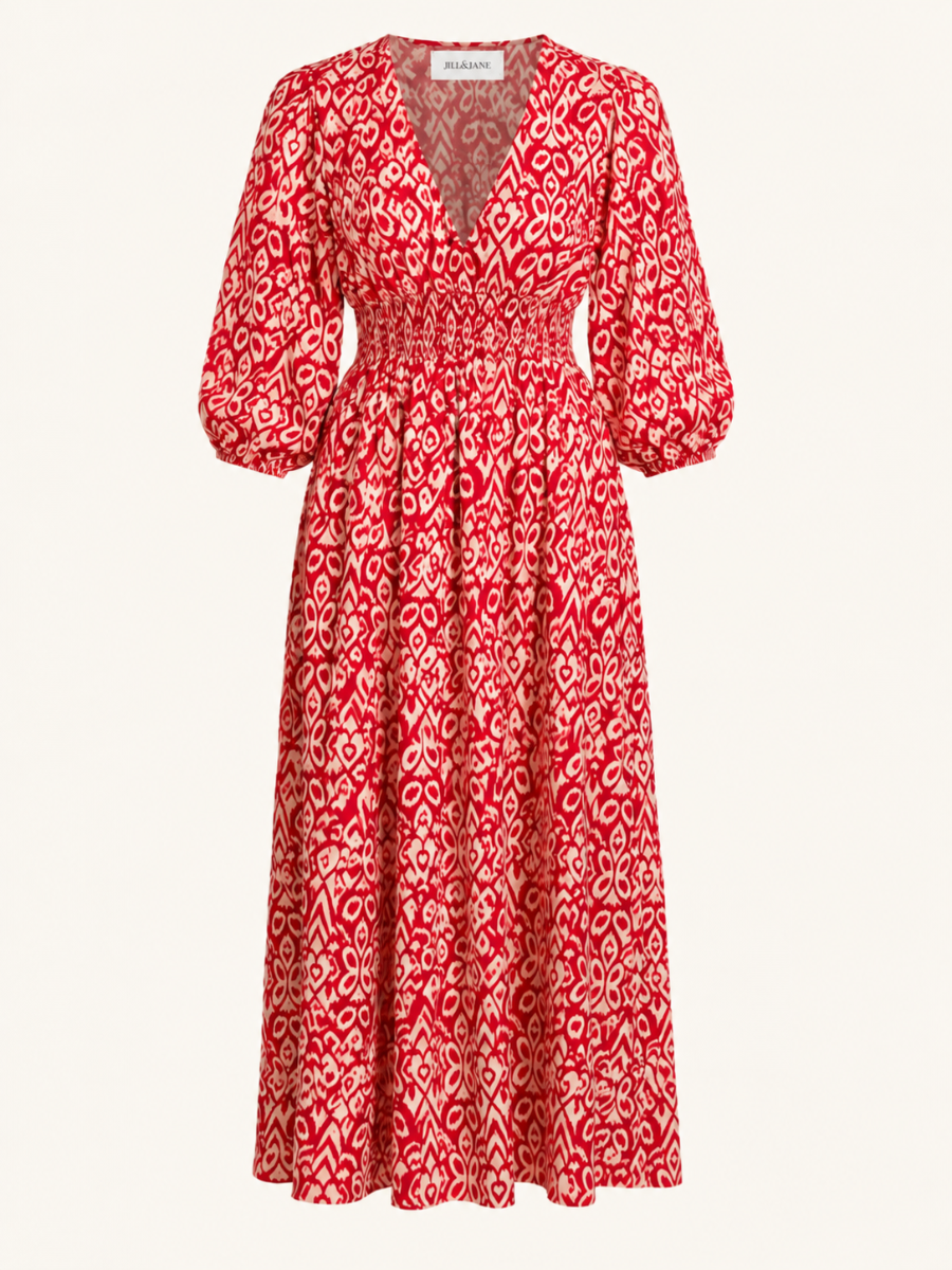 Geometric Print Smocked-Waist Jurk