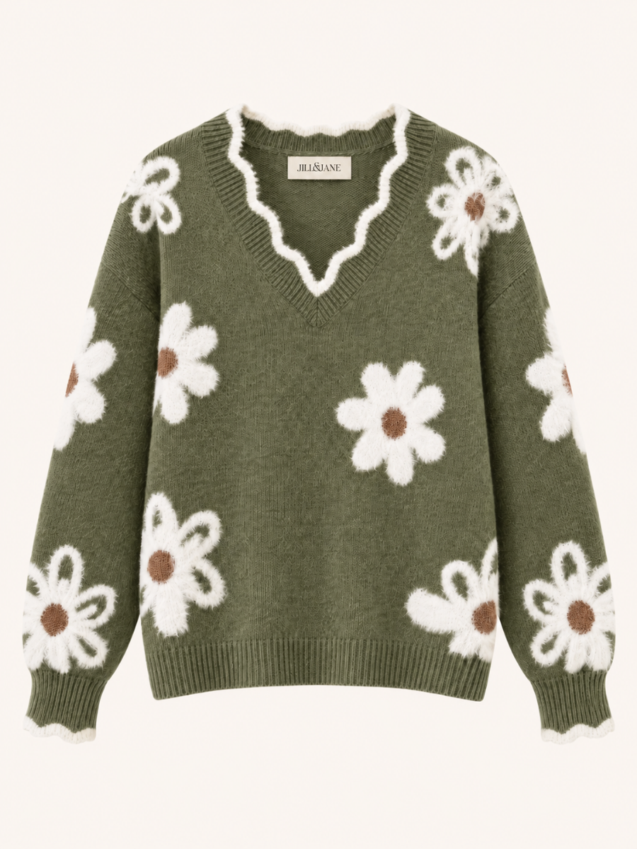 Floral V-Neck Knit Sweater