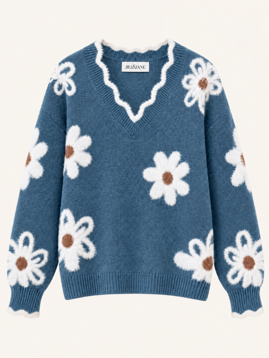Floral V-Neck Knit Sweater