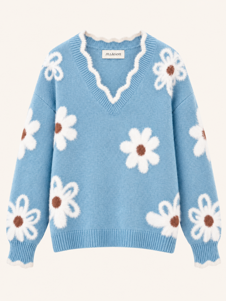 Floral V-Neck Knit Sweater