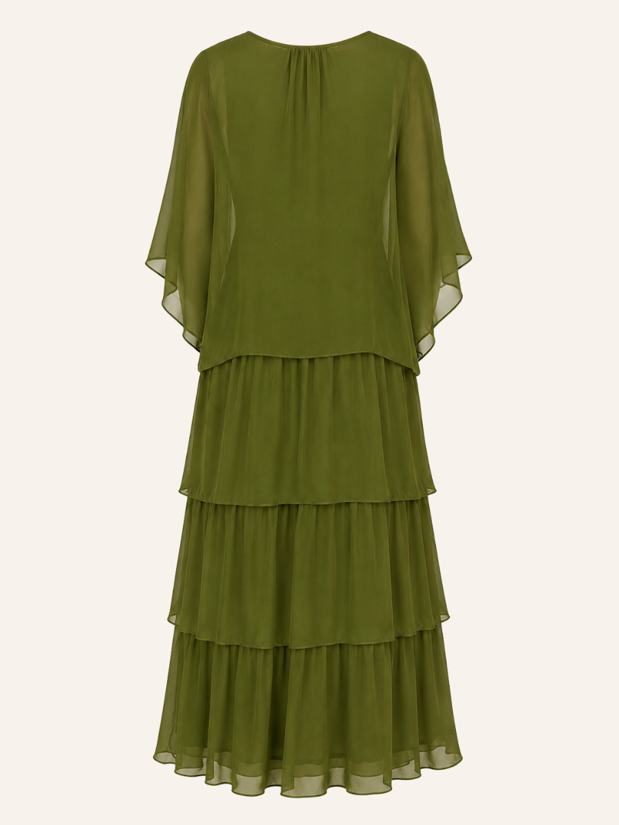 Tiered Cape-Sleeve Maxi Jurk