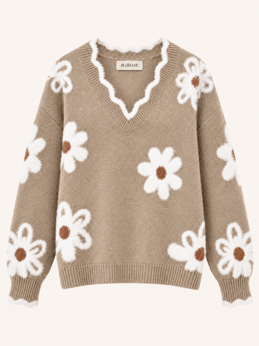 Floral V-Neck Knit Sweater