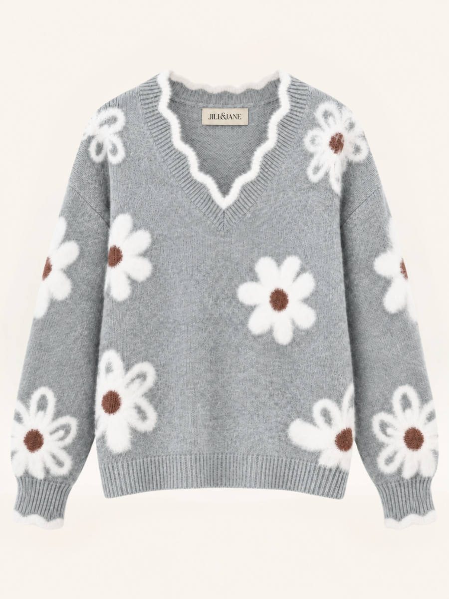 Floral V-Neck Knit Sweater