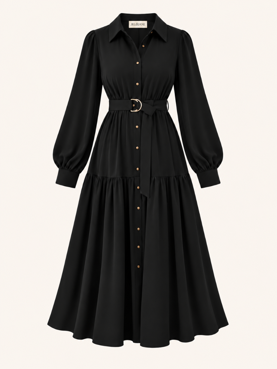 Belted Long-Sleeve Maxi Jurk