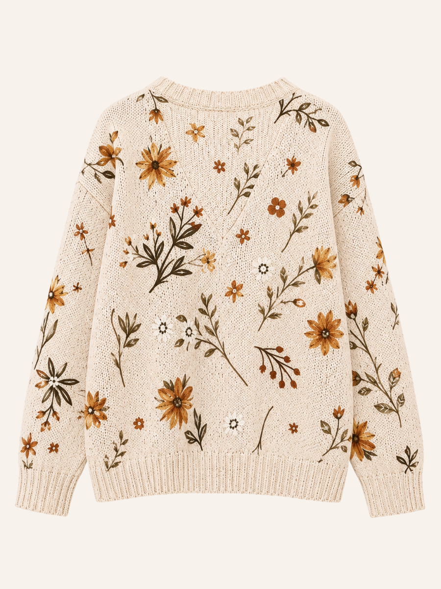Floral V-Neck Knit Sweater