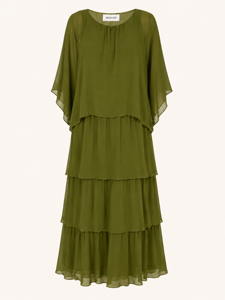 Tiered Cape-Sleeve Maxi Jurk