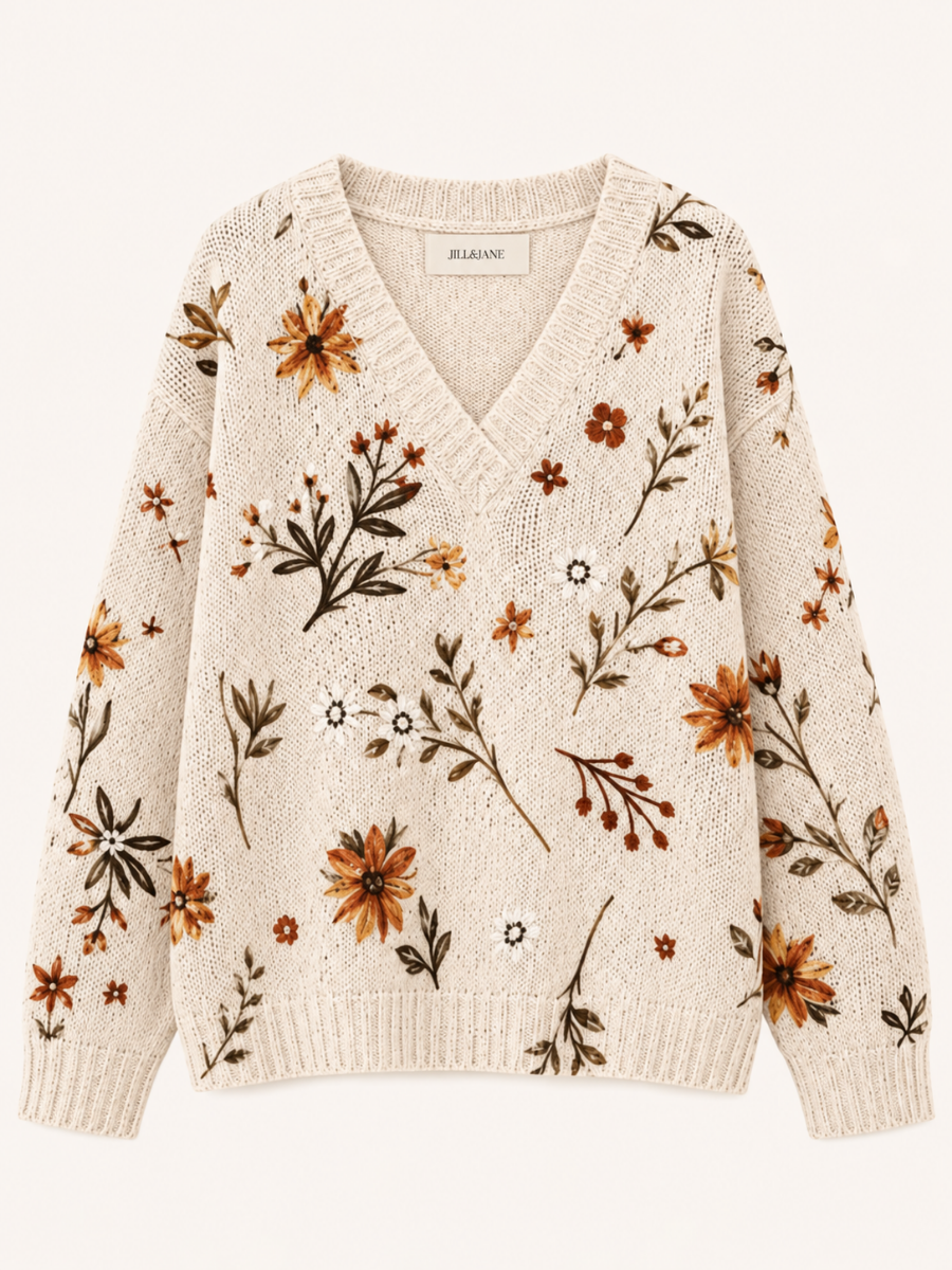 Floral V-Neck Knit Sweater