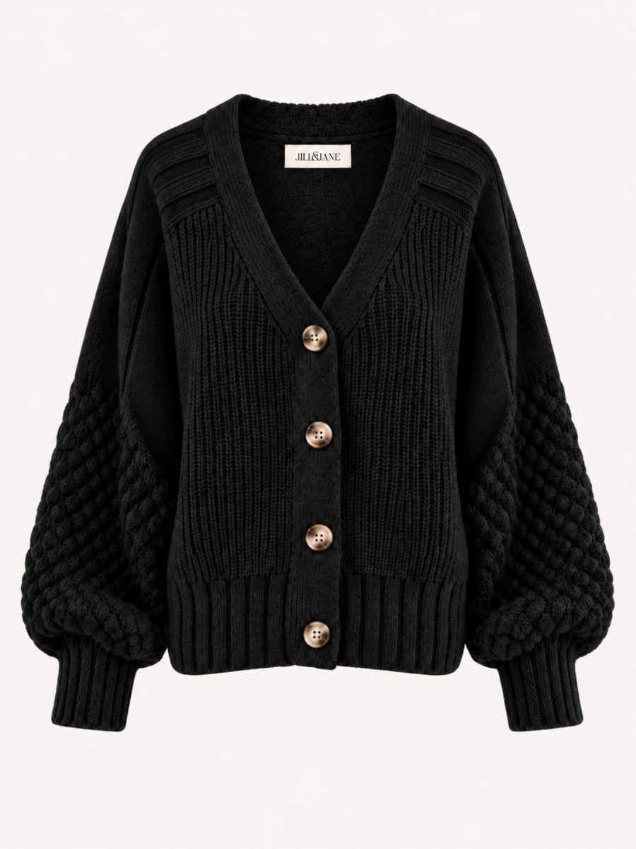 Textured Sleeve V-Neck Button Vest