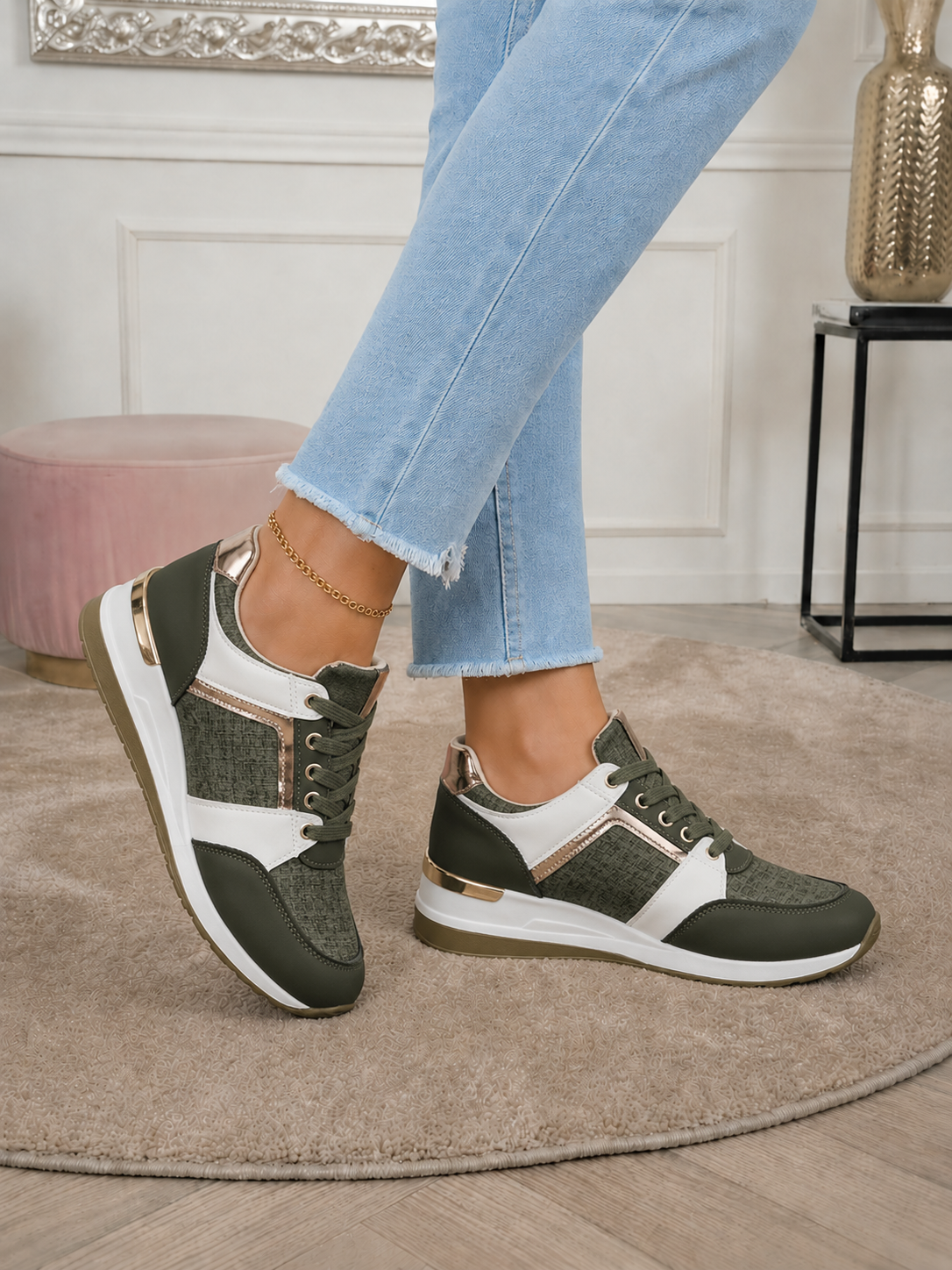 Metallic-Trim Wedge Sneakers