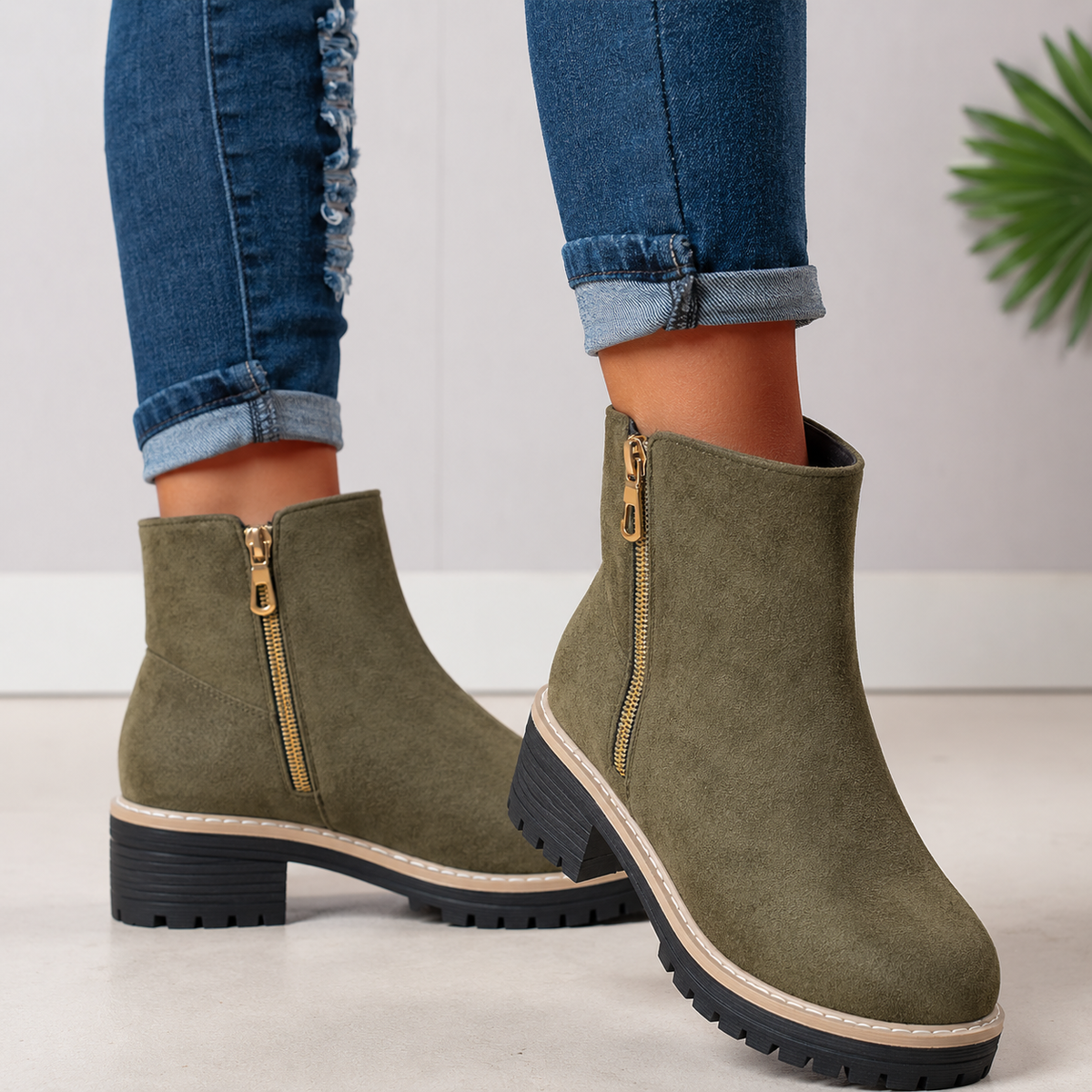 Gold-Zip Block-Heel Boots