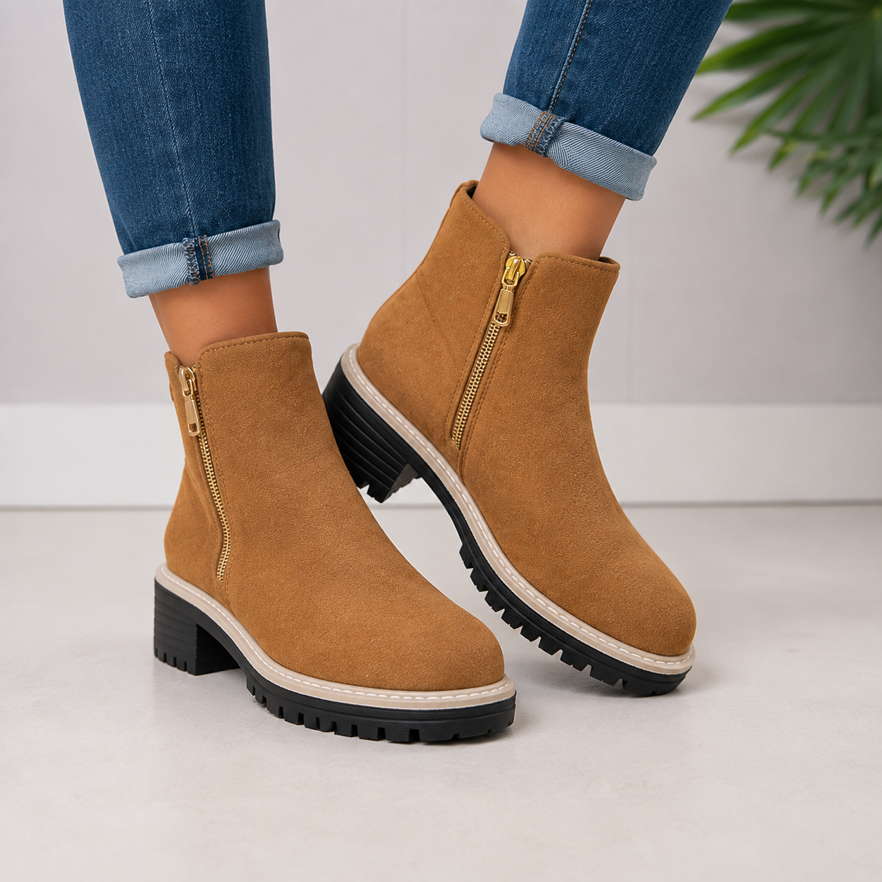 Gold-Zip Block-Heel Boots
