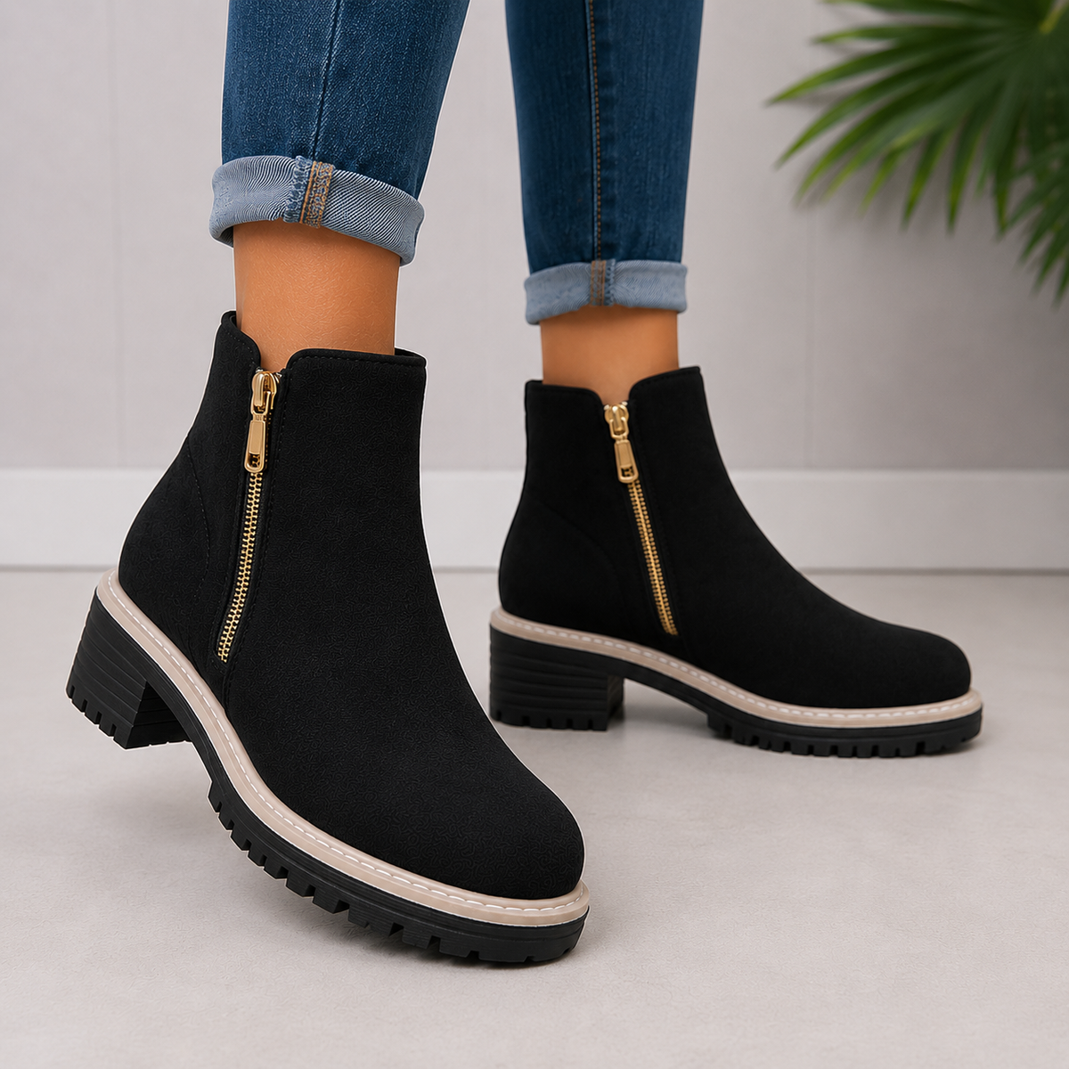 Gold-Zip Block-Heel Boots