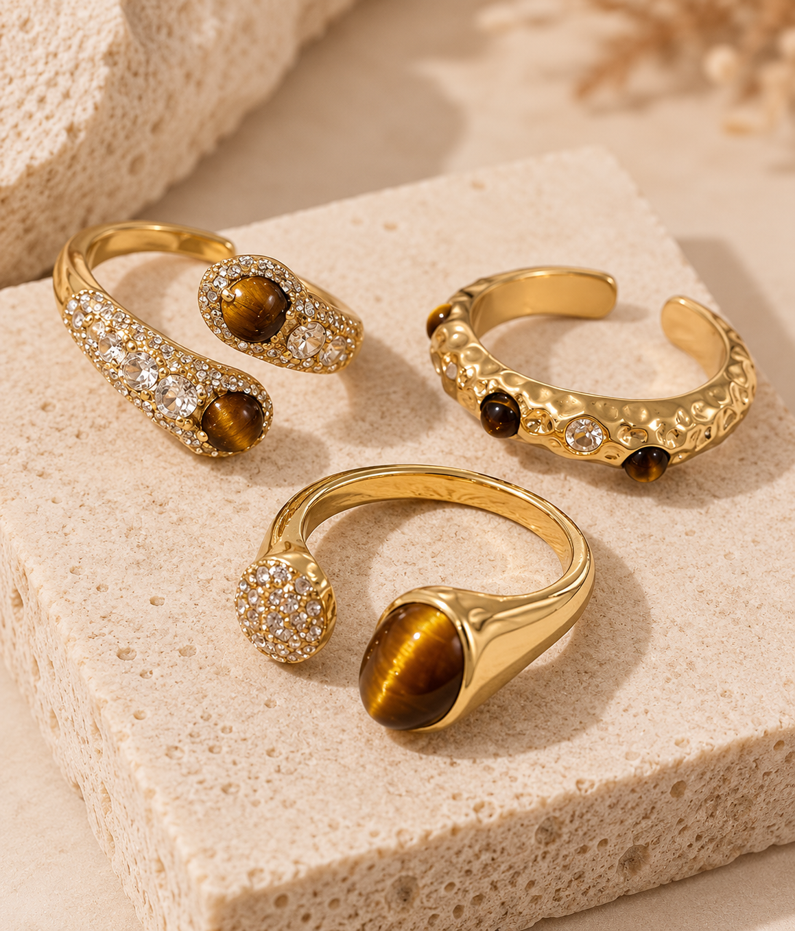 Brown Stone 3-Piece Ring Set