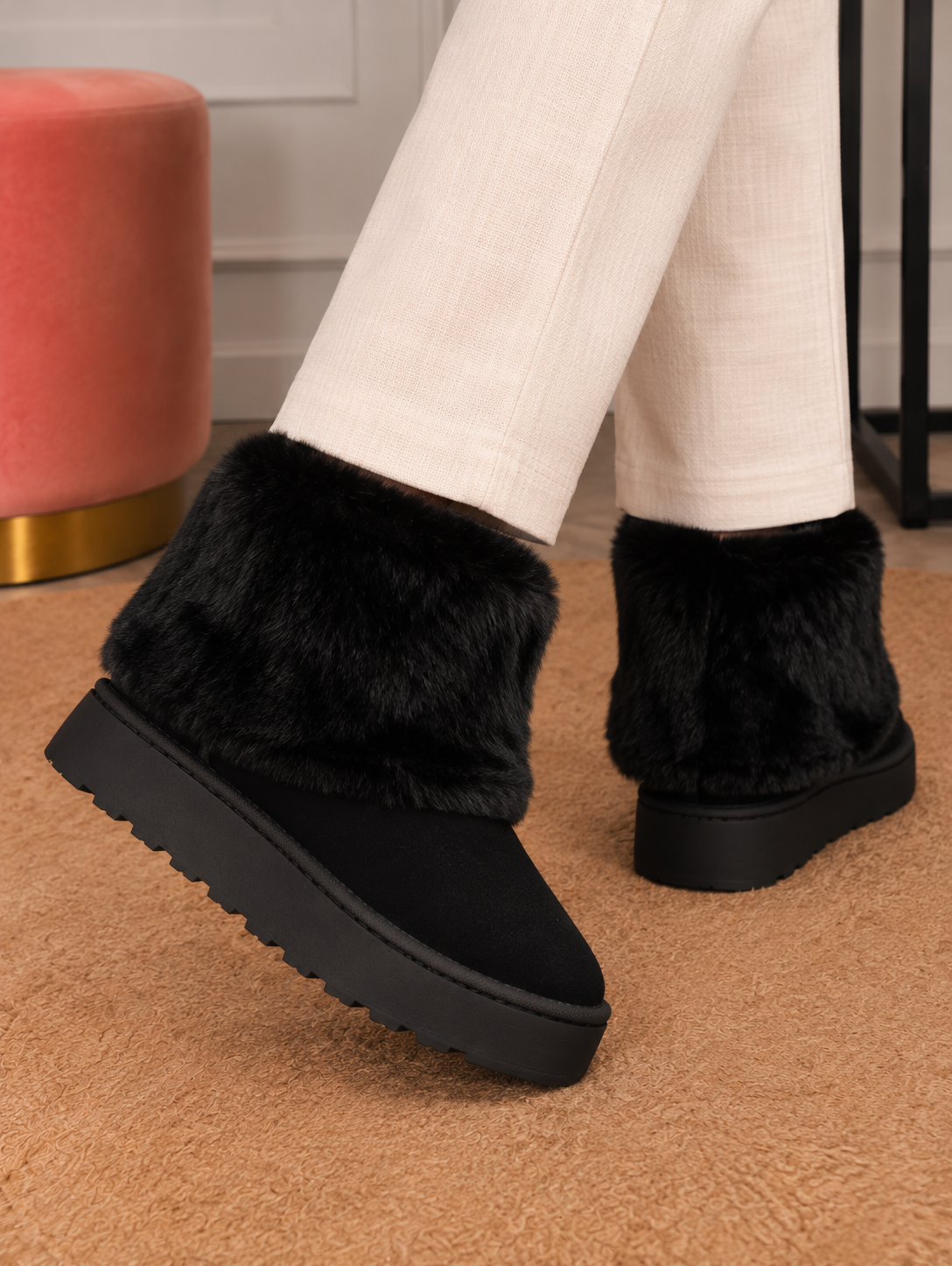 Plush-Cuff Platform Boots
