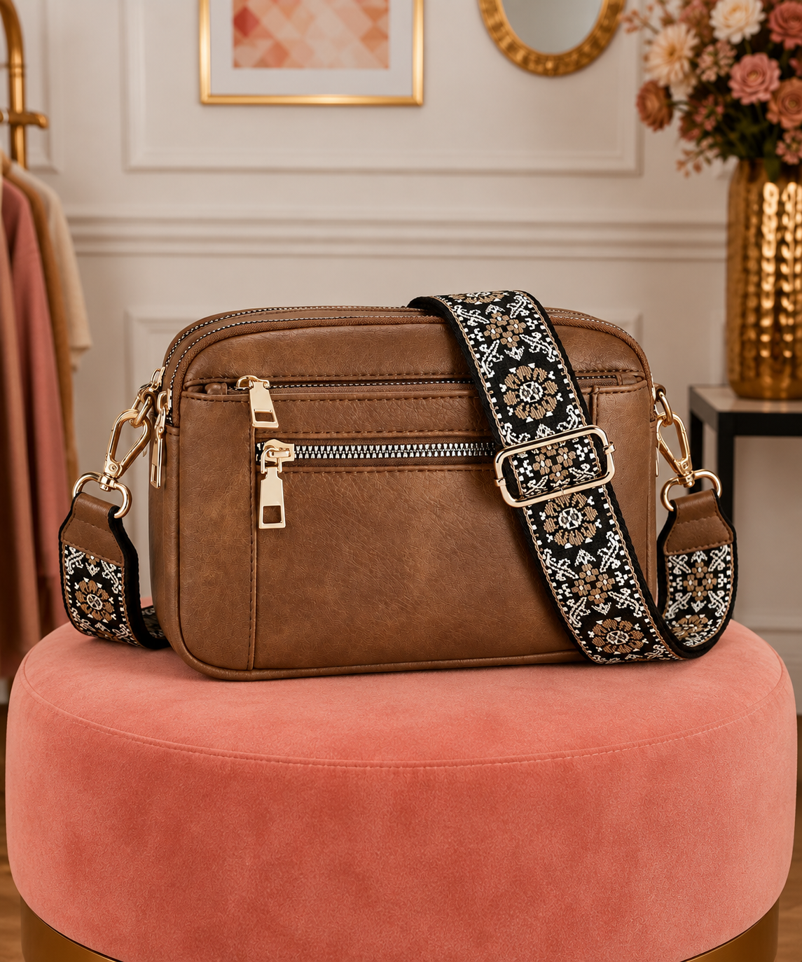 Floral-Strap Zip Schoudertas