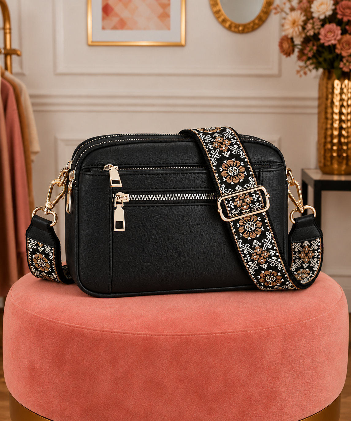 Floral-Strap Zip Schoudertas