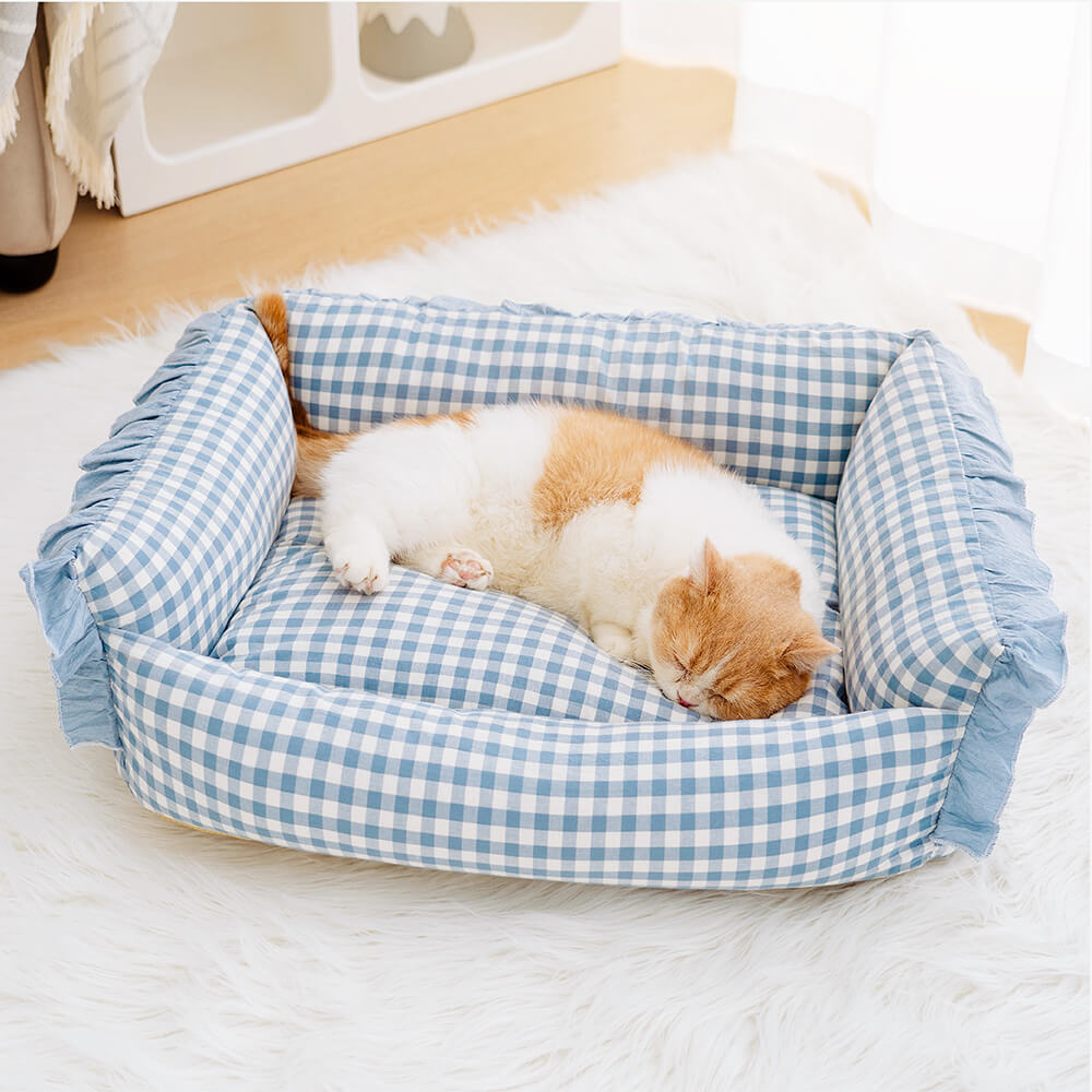 Geruite Warme Honden- & Kattenmand met Ruches