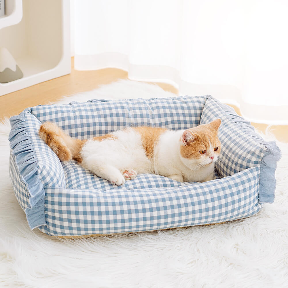 Geruite Warme Honden- & Kattenmand met Ruches