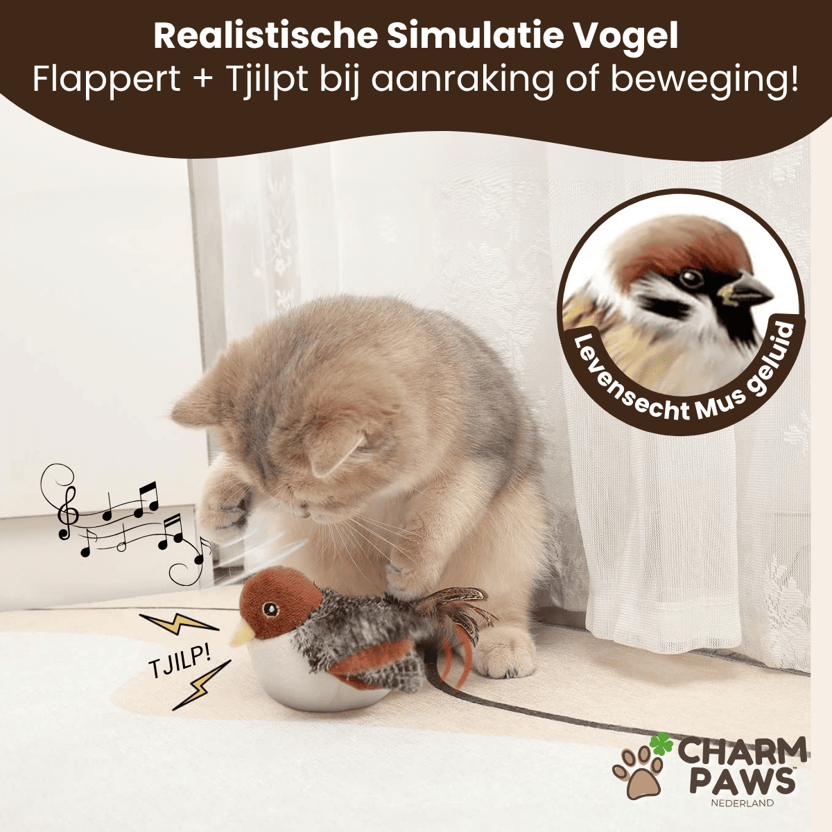 Realistische Simulatie Vogel voor Katten - Kleine Mus (Flappert + Tjilpt)